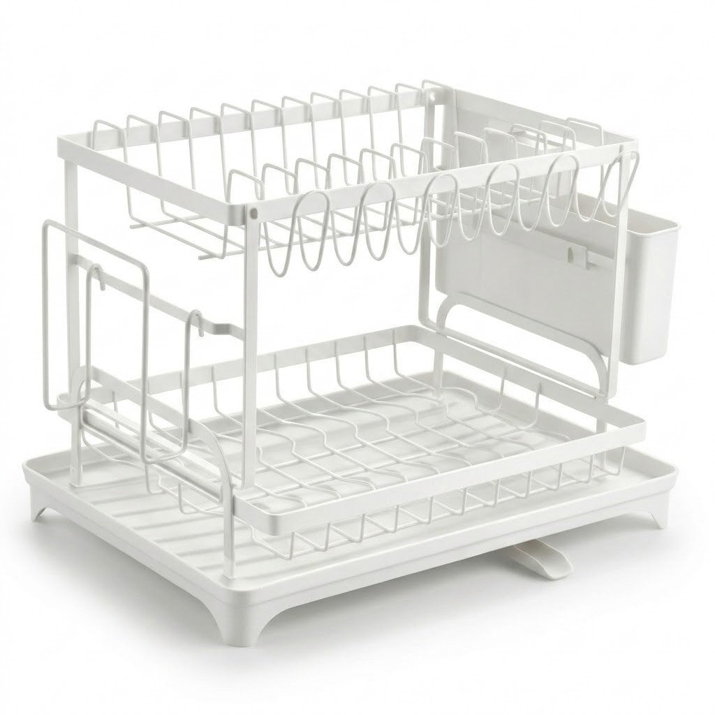 A white double-tier dish rack with a top wire drying rack, a bottom wire tray, a drainage base, and a side cup holder, shown on a plain white background.