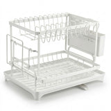 A white double-tier dish rack with a top wire drying rack, a bottom wire tray, a drainage base, and a side cup holder, shown on a plain white background.
