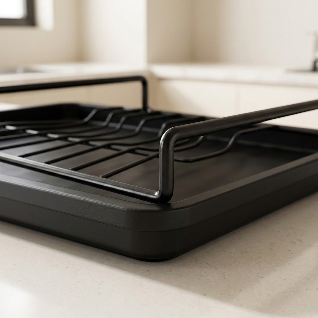 A close-up of a matte black metal kitchen drying rack with a tray base and handle, resting on a light beige countertop in a blurred kitchen setting.