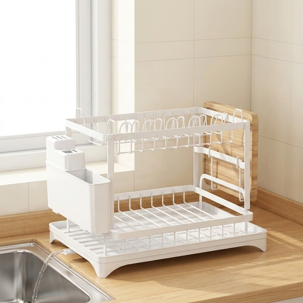 A white plastic dish drying rack with a sink basket and hanging hooks, shown on a wooden kitchen counter next to a sink in a tiled kitchen.