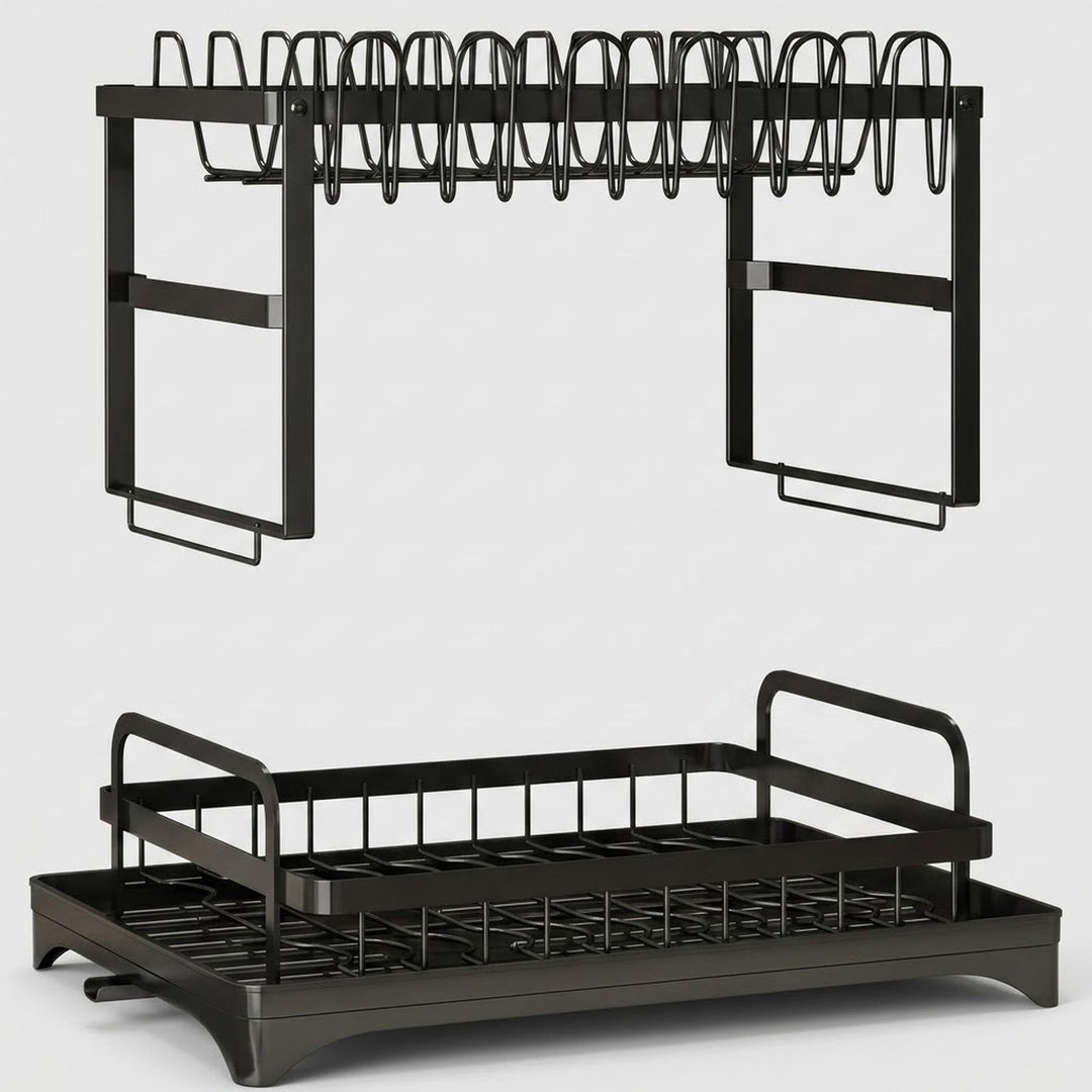 Black metal kitchen organizer rack shown in two views: a wall-mounted wine and glass holder at the top, and a pull-out tray rack at the bottom, on a light gray background.