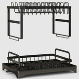 Black metal kitchen organizer rack shown in two views: a wall-mounted wine and glass holder at the top, and a pull-out tray rack at the bottom, on a light gray background.