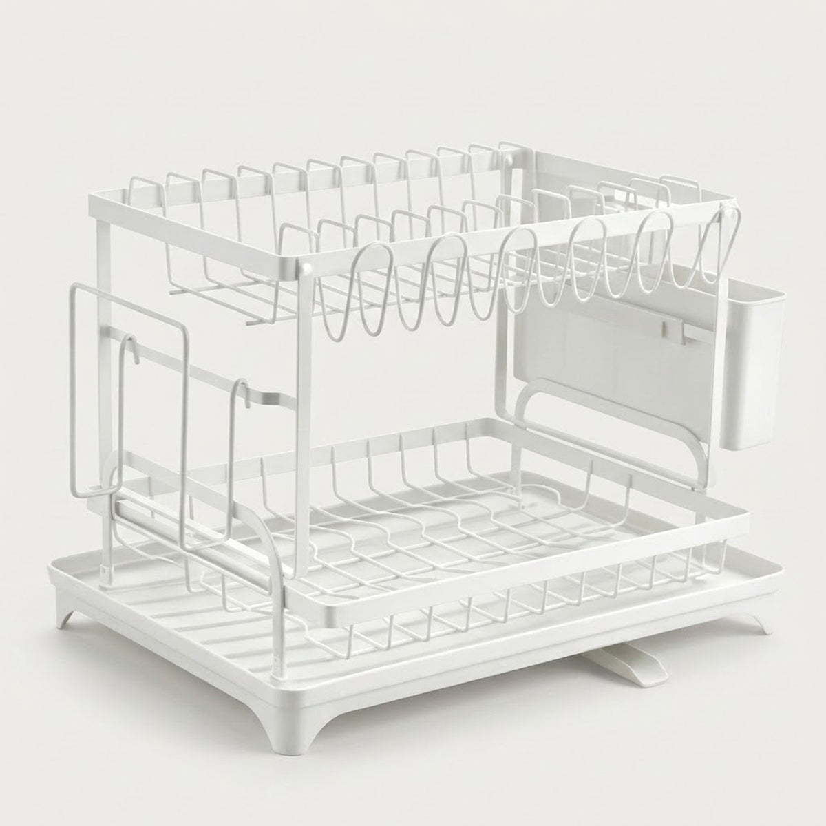 A white two-tier metal dish rack with a sink-mounted cup holder and hanging utensil hooks, shown on a light gray background.