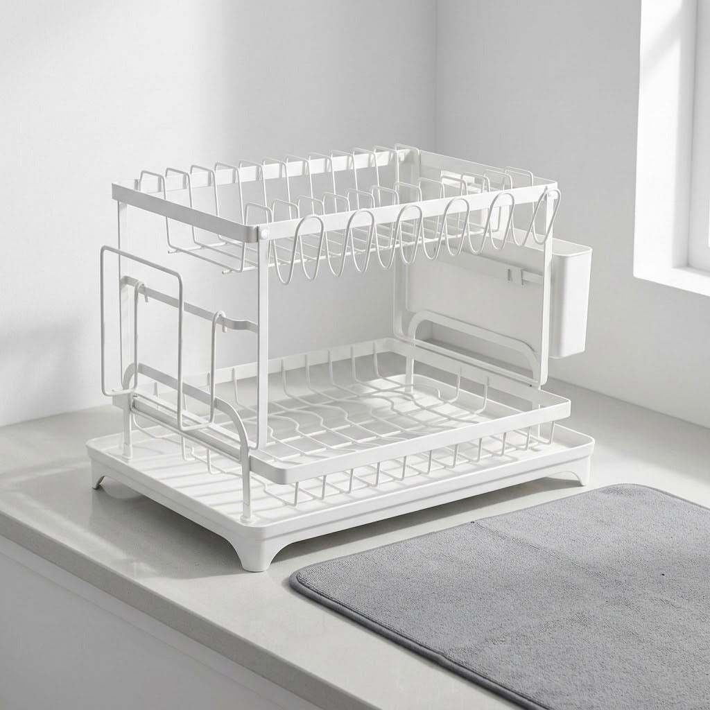 A white two-tier wire dish rack with hanging cups and a side container, placed on a light countertop next to a gray mat in a bright room.