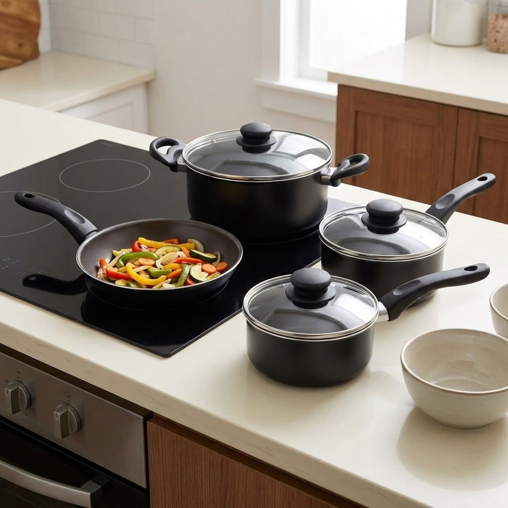 A set of black cookware pots and pans with glass lids is arranged on a kitchen stove and counter, with a frying pan cooking mixed vegetables and a bowl nearby.