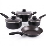 Four-piece black non-stick cookware set with glass lids and black handles, including a deep pot, two saucepans, and a frying pan, arranged on a white background.