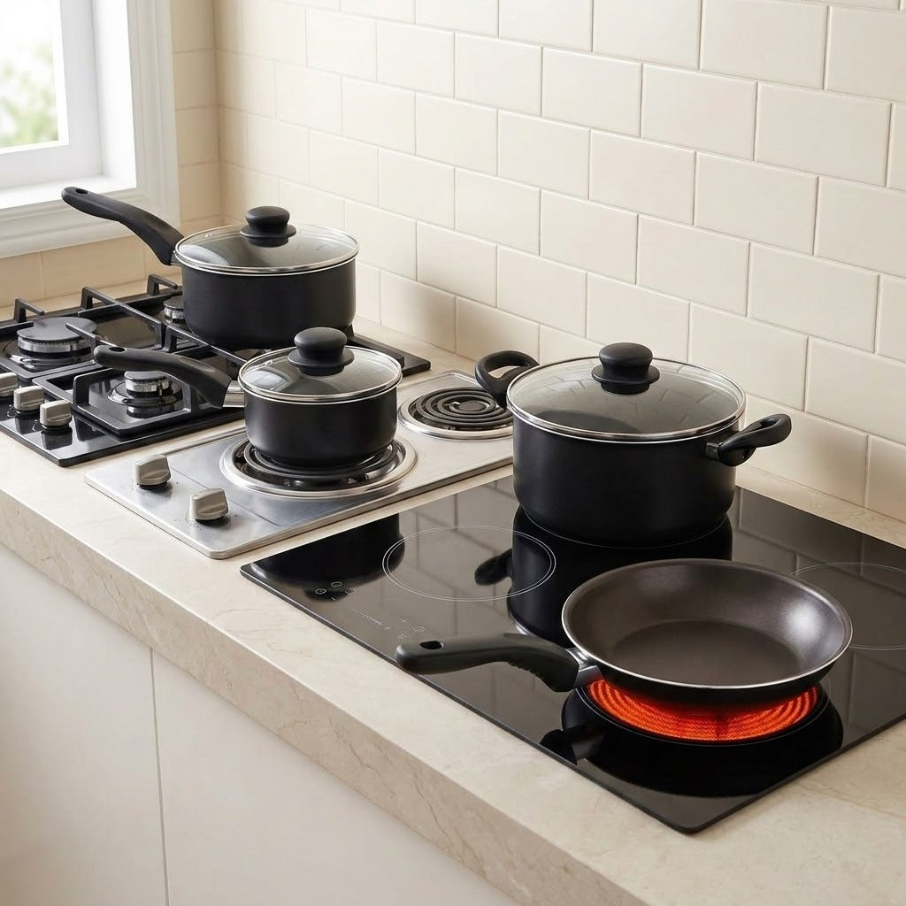 A set of black cookware pots and a frying pan with glass lids arranged on a modern gas and electric stovetop in a kitchen with beige subway tile backsplash.
