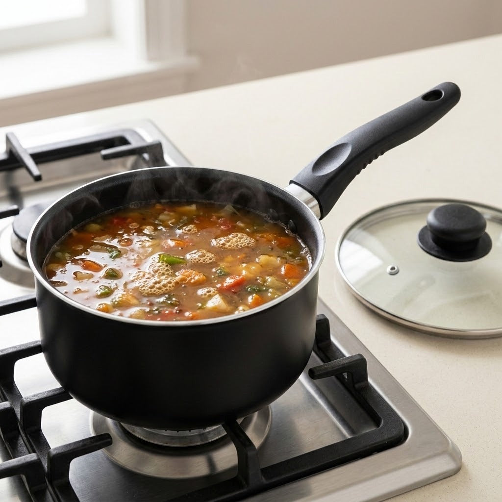 A black saucepan filled with a steaming soup or stew sits on a gas stovetop, with a matching glass lid placed on the beige countertop nearby.