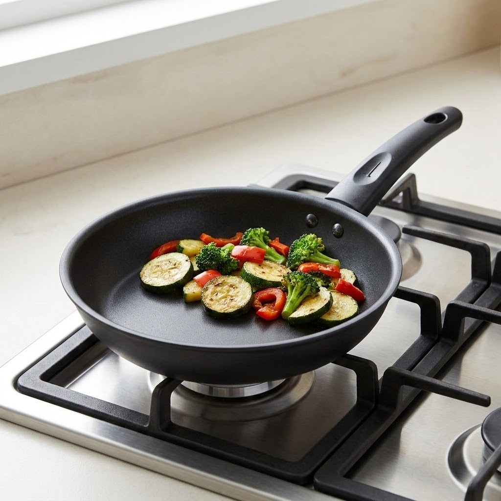 A black non-stick frying pan with a handle sits on a gas stovetop, cooking sliced zucchini, broccoli, and red bell peppers.