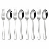 Four stainless steel forks and four matching spoons are arranged on a white background.