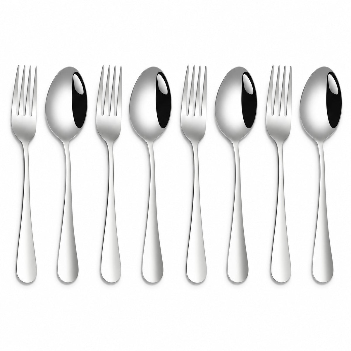 Four stainless steel forks and four matching spoons are arranged on a white background.