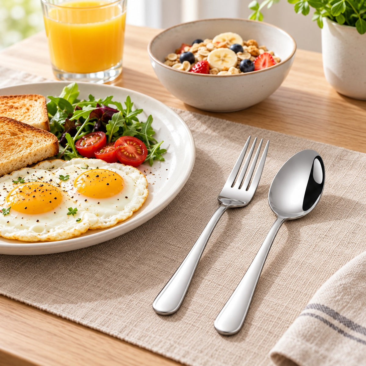 Stainless steel spoon and fork set ready beside breakfast in a bright home kitchen.