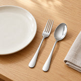 Stainless steel spoon and fork beside a dinner plate show their everyday table setting size.
