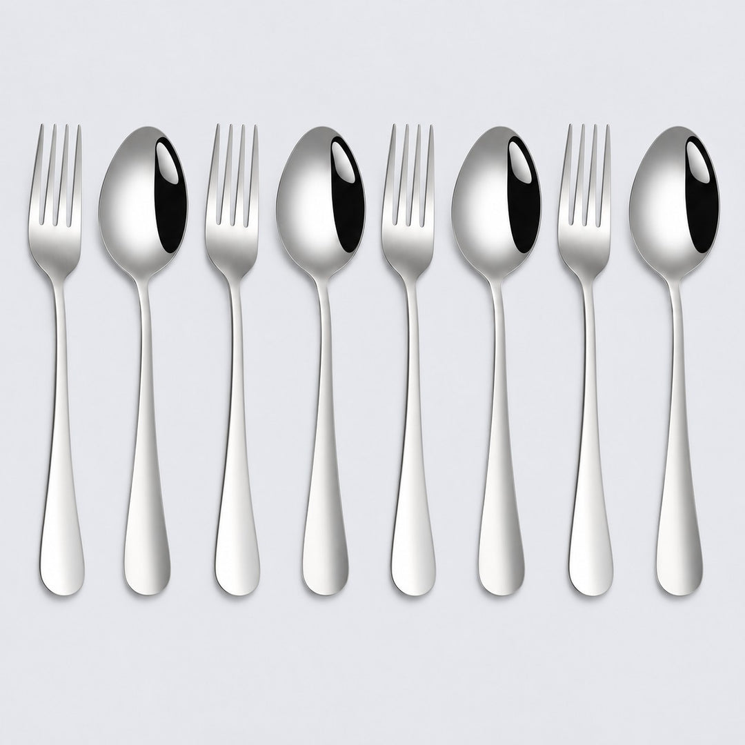 Set of 8 stainless steel spoons and forks arranged in four pairs on a pale gray background.
