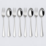 Set of 8 stainless steel spoons and forks arranged in four pairs on a pale gray background.