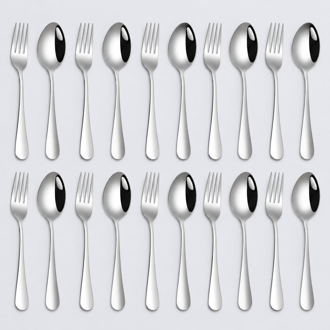 Set of 20 stainless steel spoons and forks arranged in two rows on a pale gray background.
