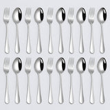 Set of 20 stainless steel spoons and forks arranged in two rows on a pale gray background.