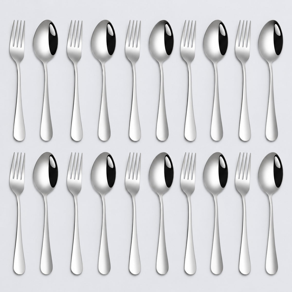 Set of 20 stainless steel spoons and forks arranged in two rows on a pale gray background.