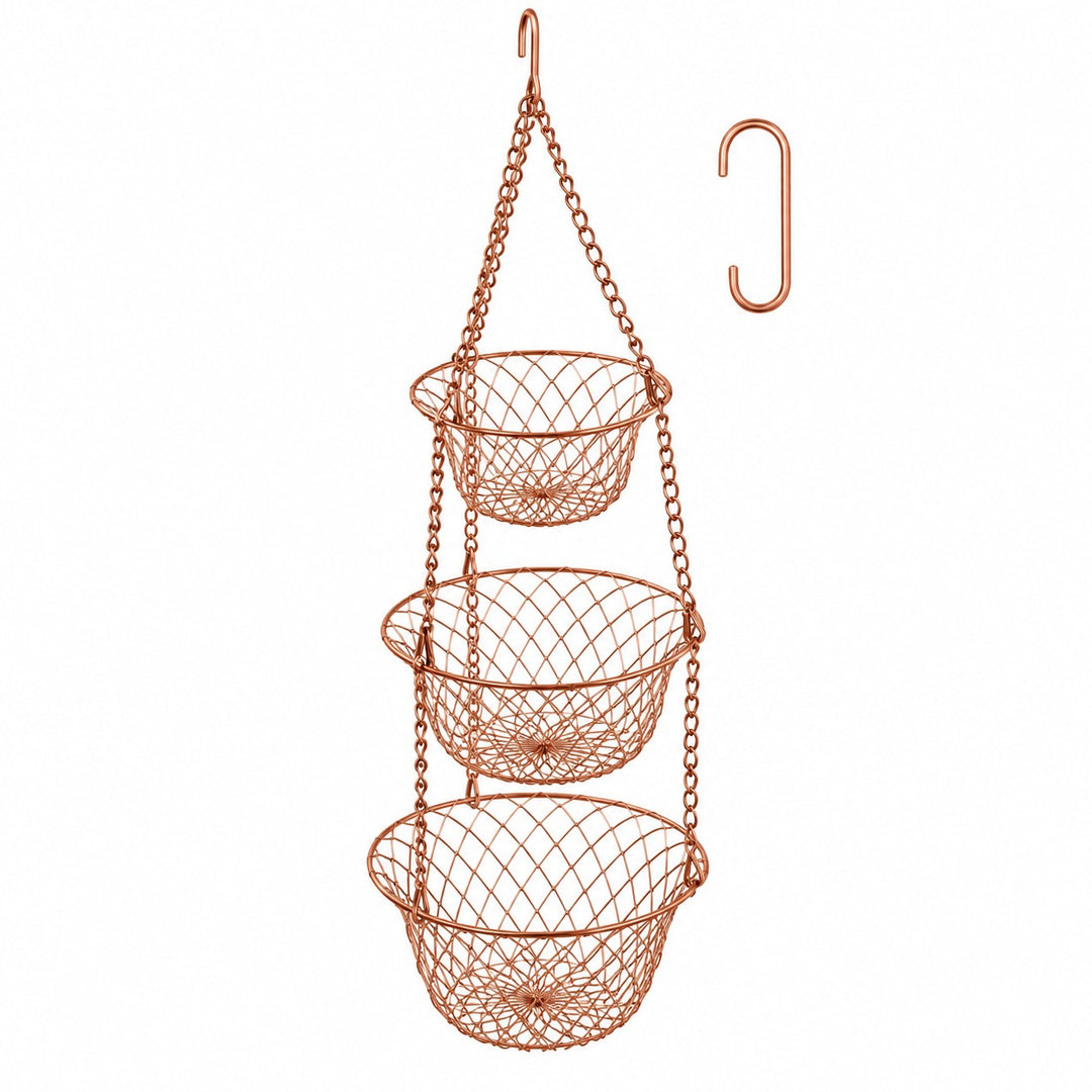 Three Tier Hanging Fruit Basket set includes three copper wire baskets, chains and a metal hook.