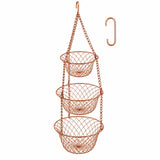 Three Tier Hanging Fruit Basket set includes three copper wire baskets, chains and a metal hook.