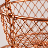 Copper Three Tier Hanging Fruit Basket close-up shows its metal wire mesh and rounded rim.