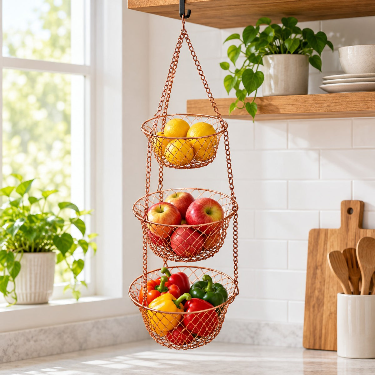 Three Tier Hanging Fruit Basket holds apples and peppers above a clear kitchen counter.