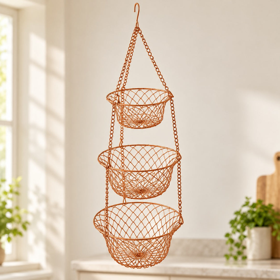 Copper Three Tier Hanging Fruit Basket shows three open mesh levels for visible produce storage.