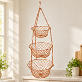 Copper Three Tier Hanging Fruit Basket shows three open mesh levels for visible produce storage.