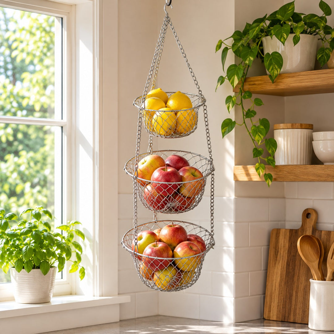Silver Three Tier Hanging Fruit Basket keeps apples and lemons visible in a bright kitchen corner.