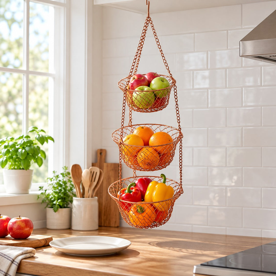 Copper Three Tier Hanging Fruit Basket beside a plate shows its graduated basket sizes and capacity.