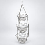 Silver Three Tier Hanging Fruit Basket hangs assembled against a pale gray studio background.