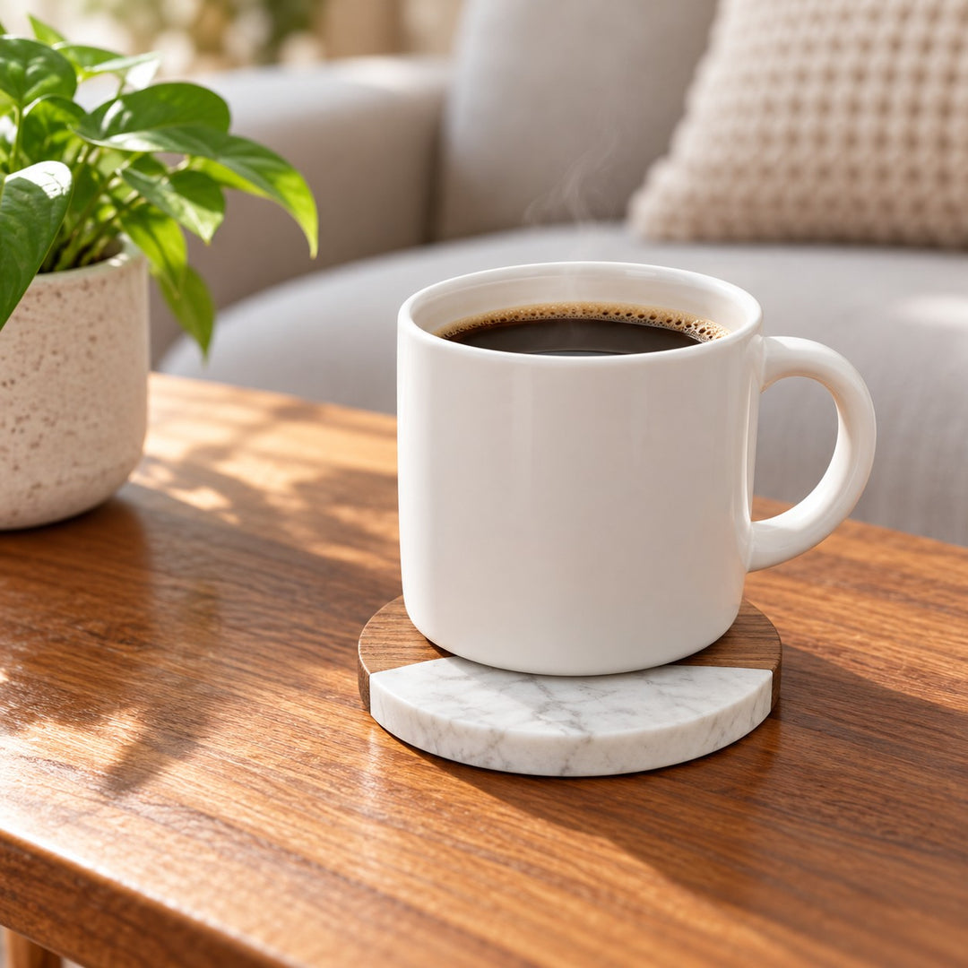 Acacia wood and marble coaster keeps a coffee cup off a living room table.