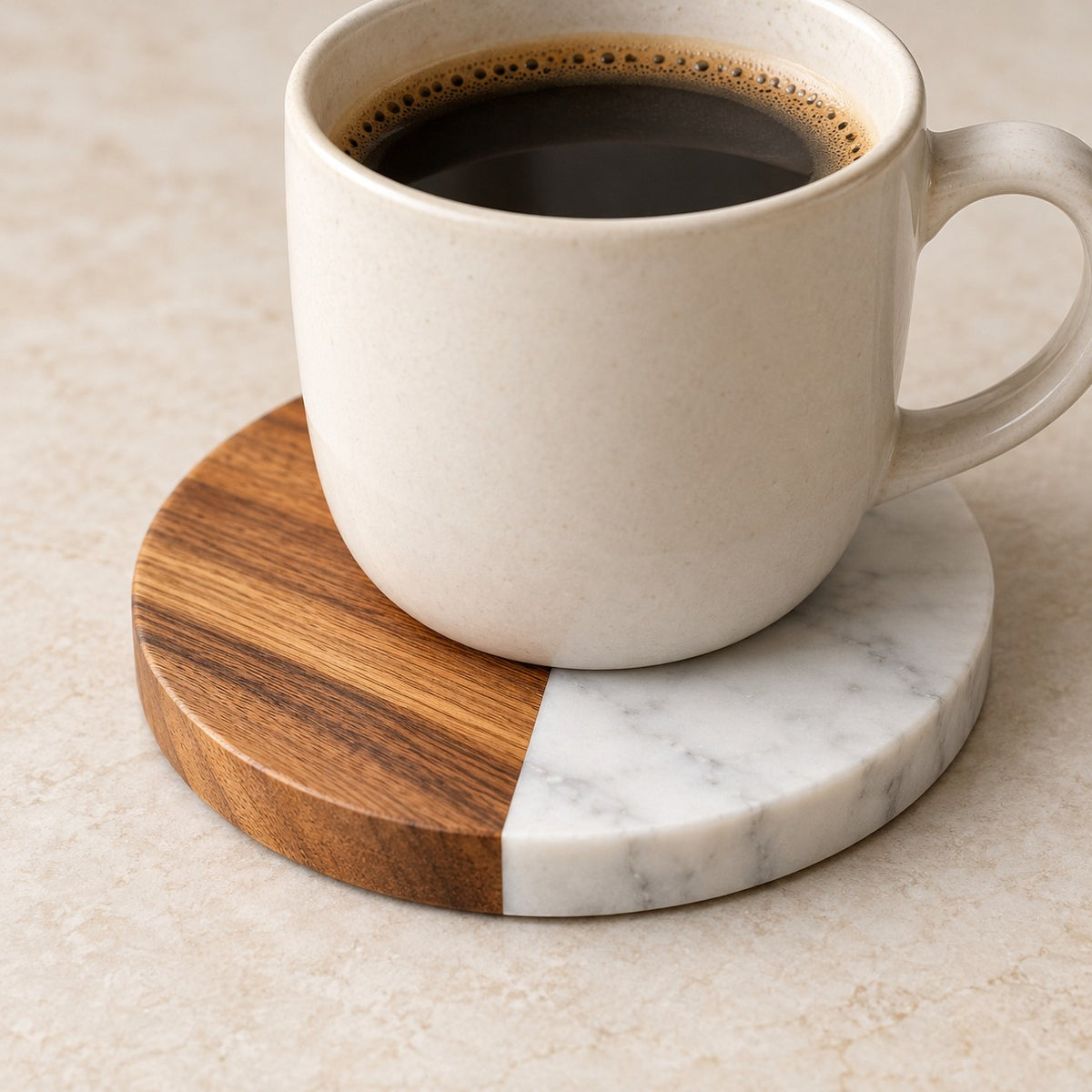 Round acacia wood and marble coaster shows its stable layered two-tone design beneath a cup.