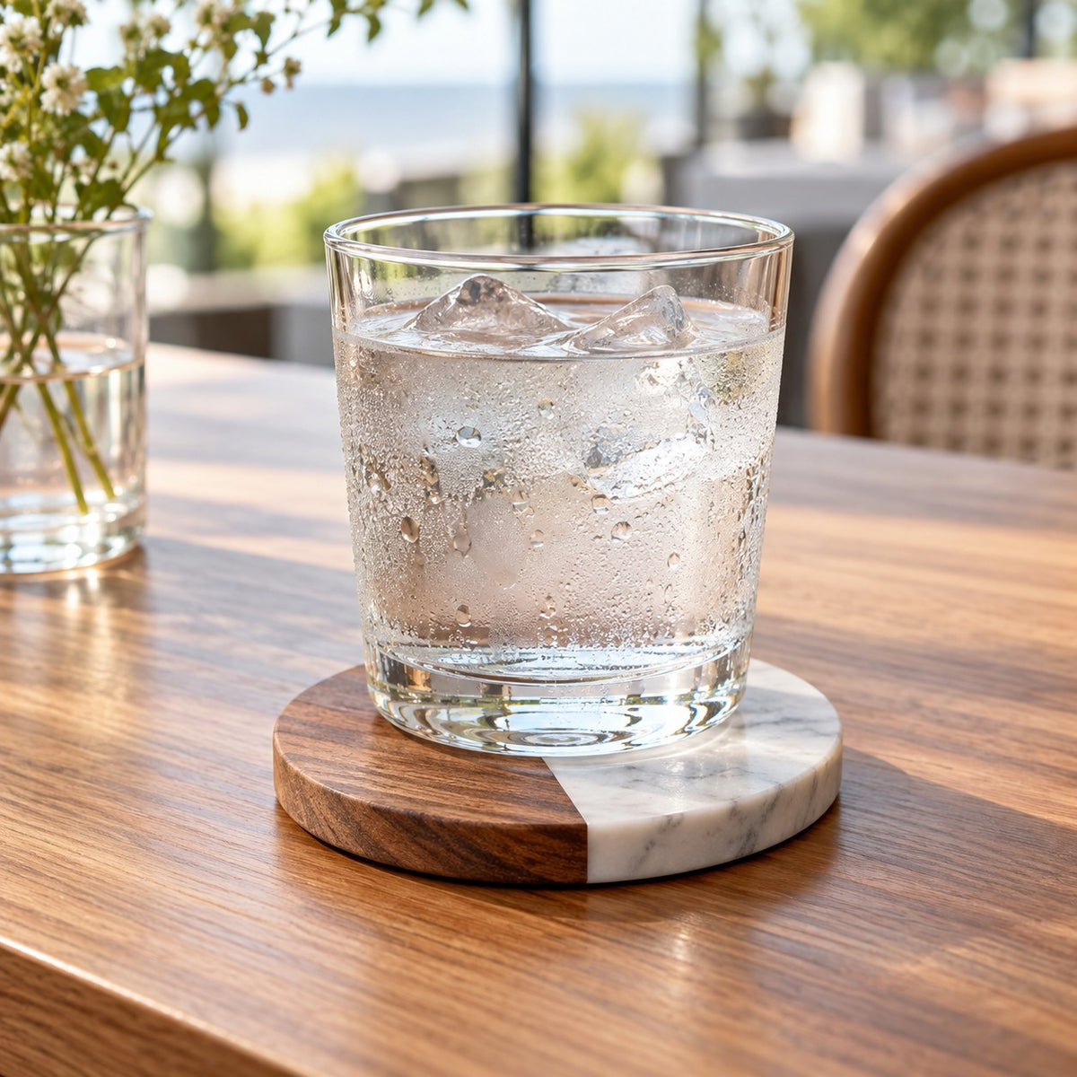 Acacia wood and marble coaster sits beneath a cold glass on a cafe table.
