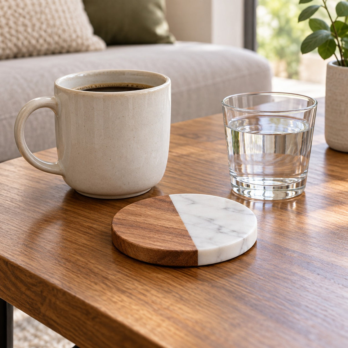 Round acacia wood and marble coaster sits beside a ceramic mug and drinking glass for scale.