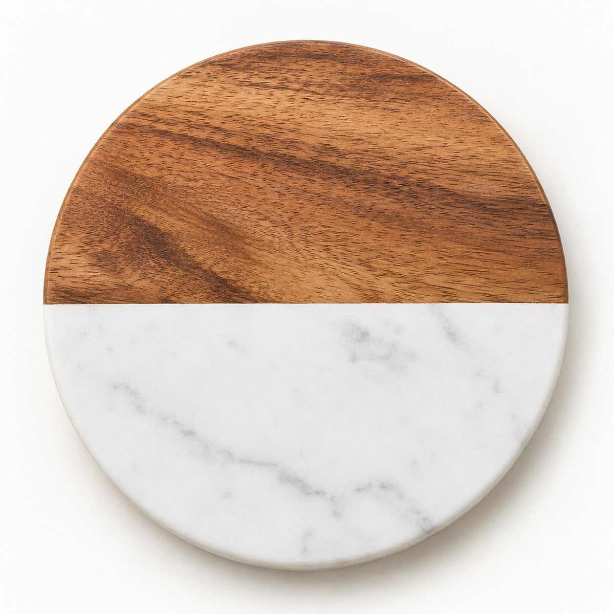 White Round coaster combines natural acacia wood and pale veined marble on a soft white backdrop.