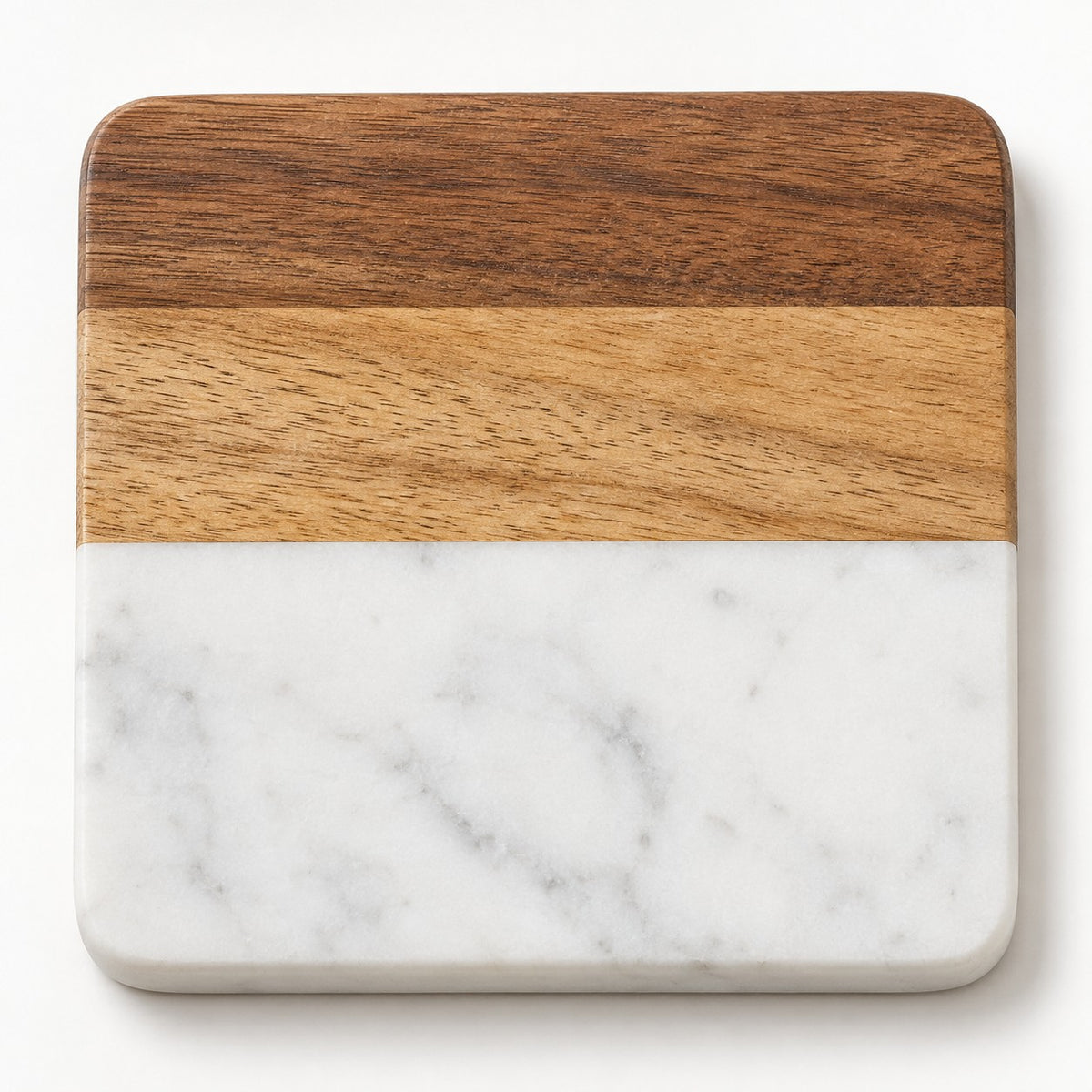 White Square coaster shows layered acacia wood above white marble on a pale studio backdrop.