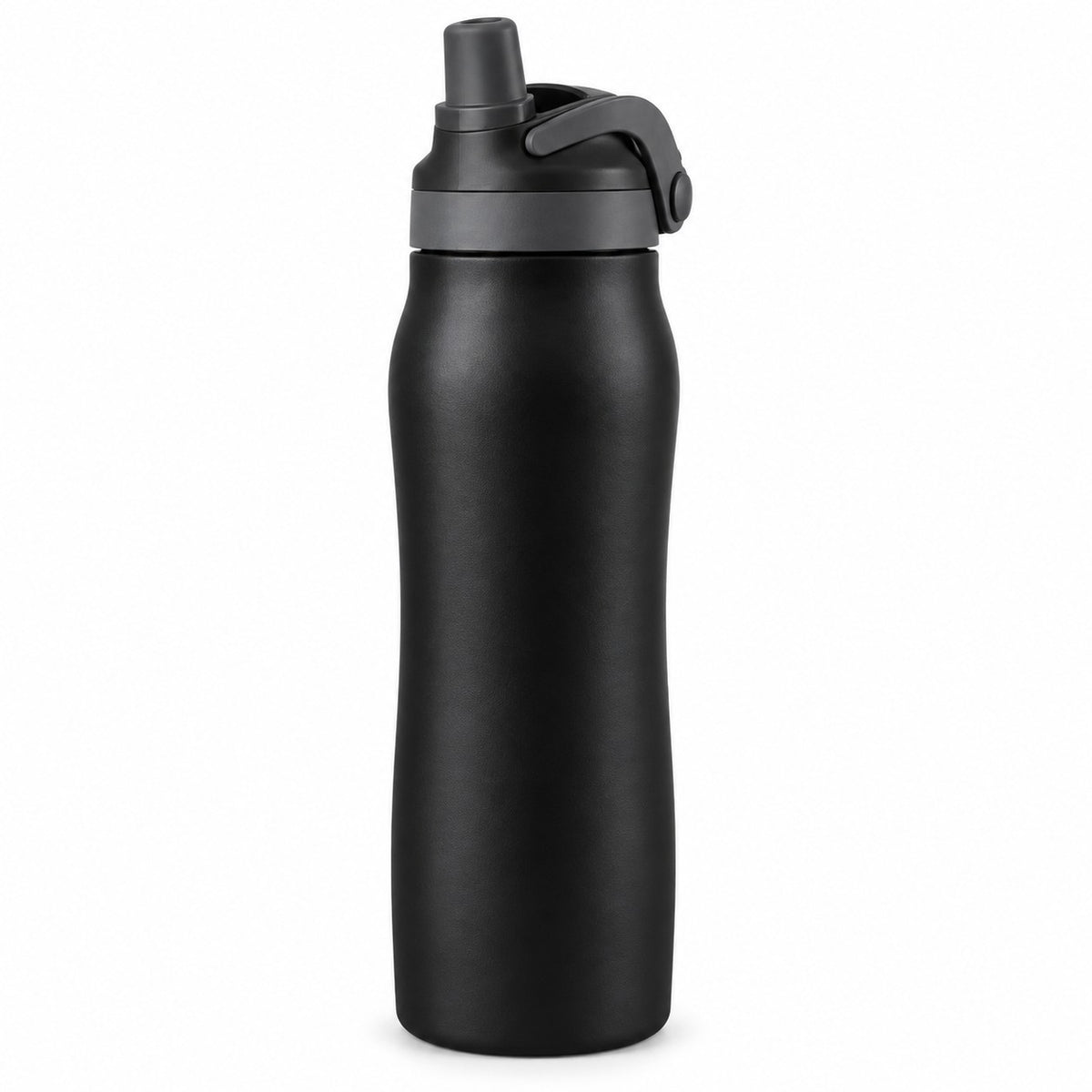 One black 24 oz insulated straw bottle with its lid assembled, shown alone on white.