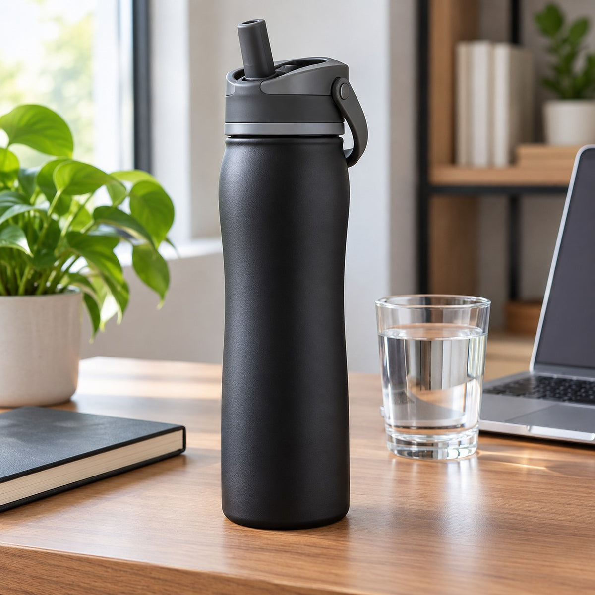 Black 24 oz insulated straw bottle stands on a home office desk for spill-conscious sipping during work.