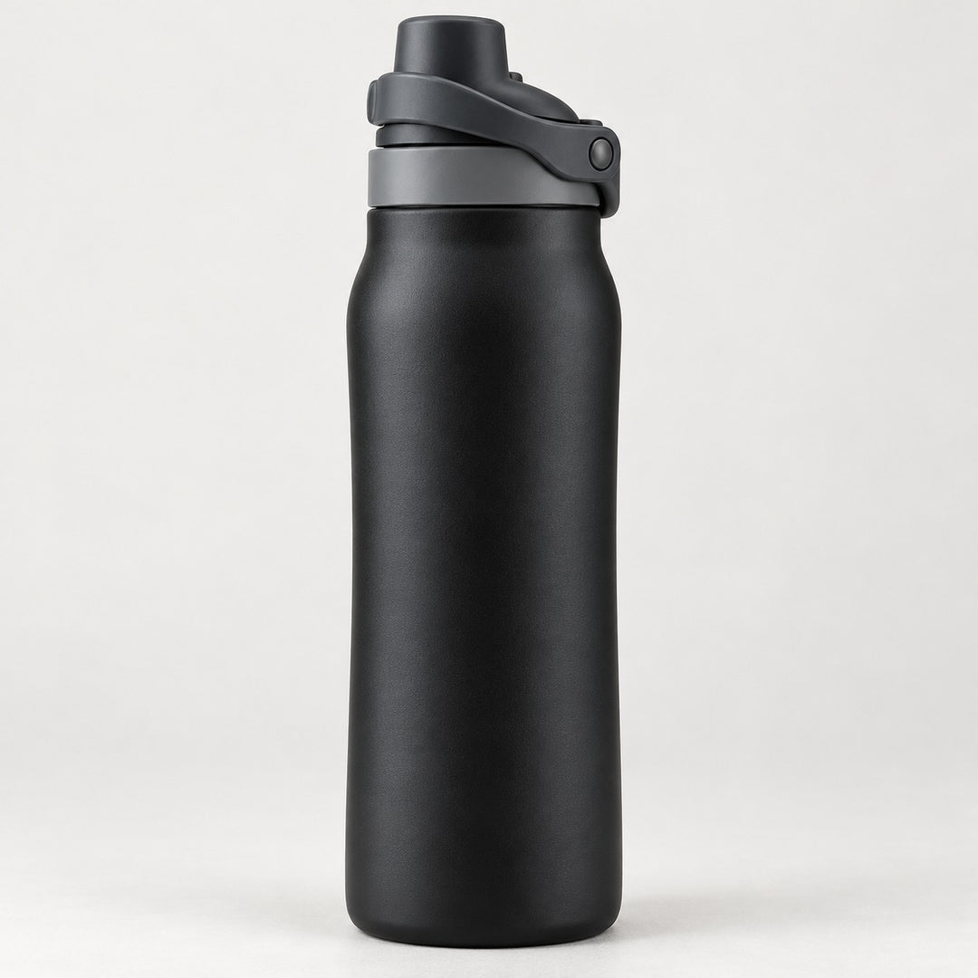 Black 24 oz insulated straw bottle shown close and sharp with its self-closing lid latch visible.