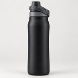 Black 24 oz insulated straw bottle shown close and sharp with its self-closing lid latch visible.