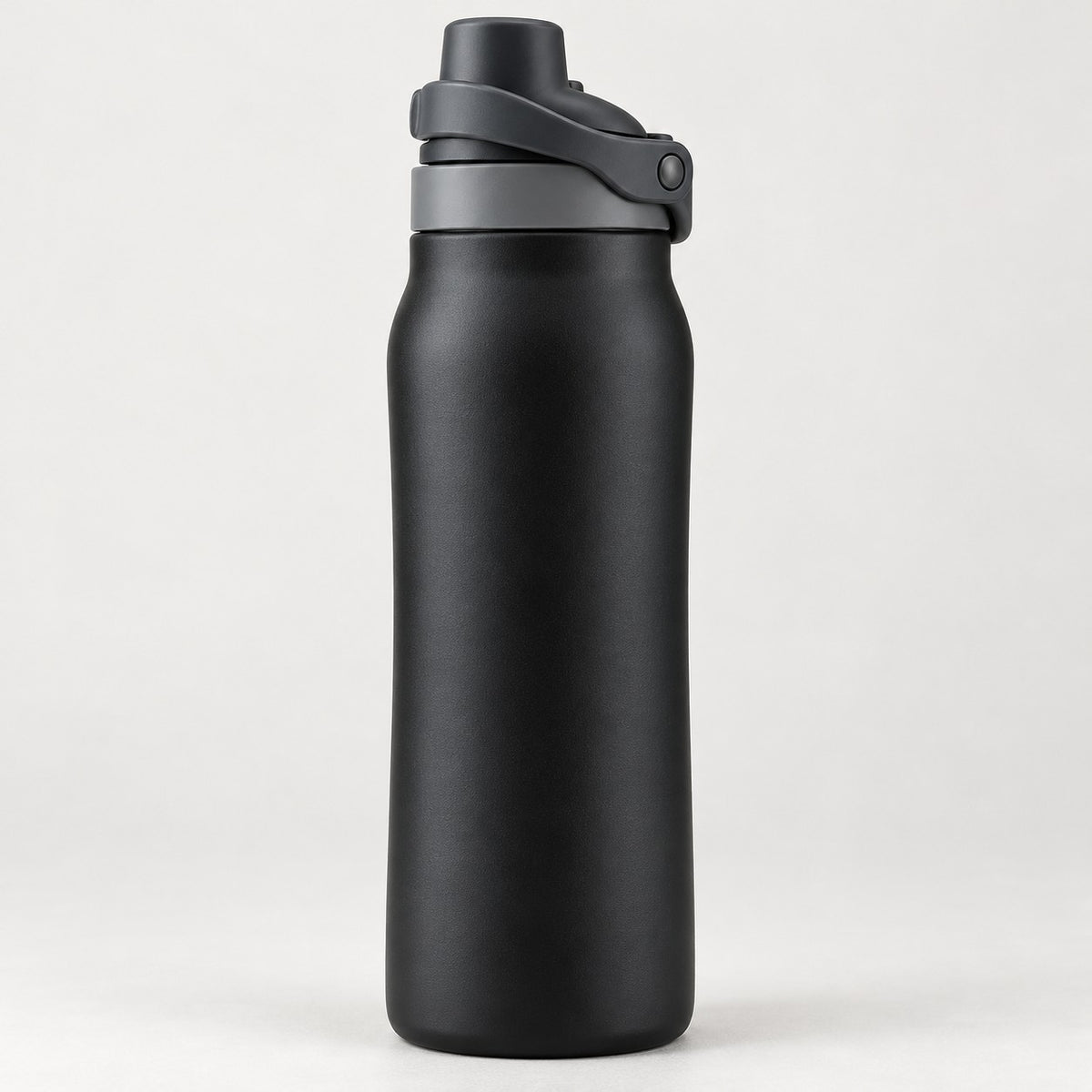 Black 24 oz insulated straw bottle shown close and sharp with its self-closing lid latch visible.