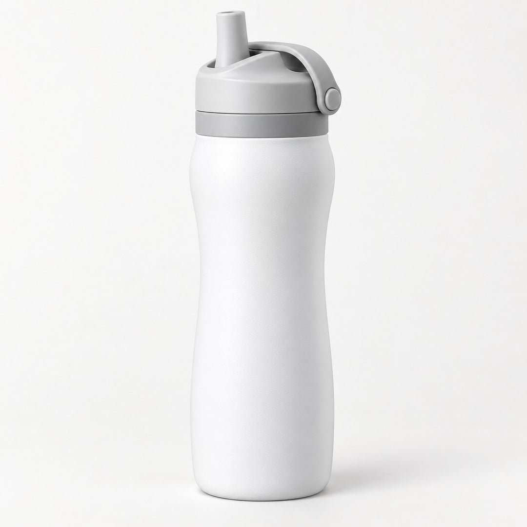 White 24 oz insulated straw bottle with gray lid centered against a light neutral background.