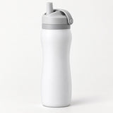 White 24 oz insulated straw bottle with gray lid centered against a light neutral background.