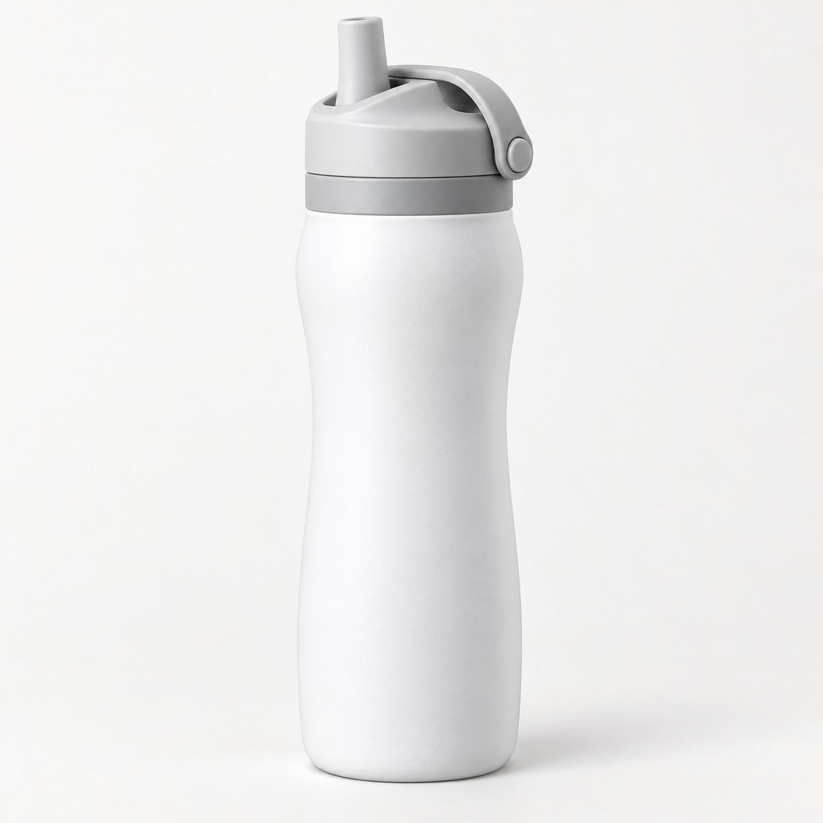 White 24 oz insulated straw bottle with gray lid centered against a light neutral background.