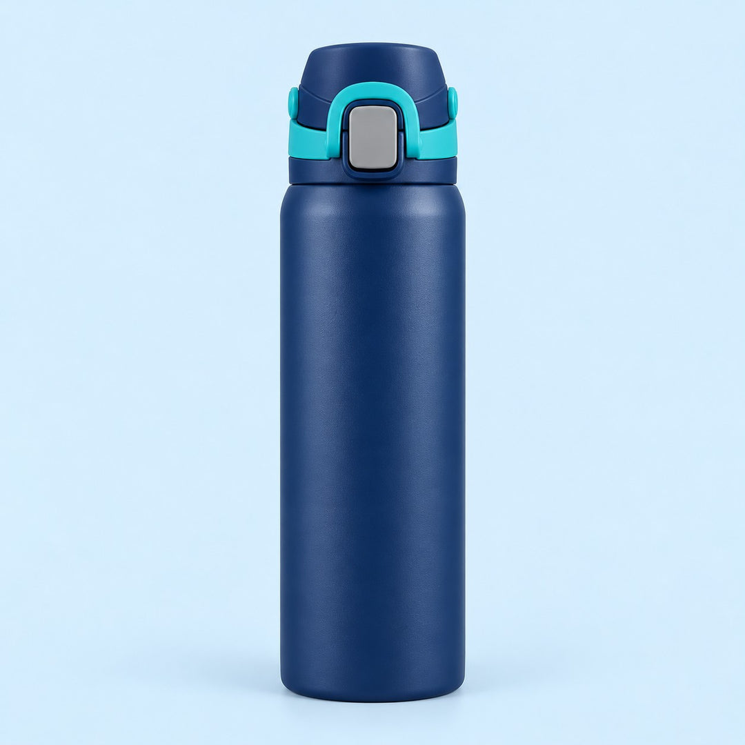 Blue 24 oz insulated straw bottle with turquoise accents against a pale blue background.