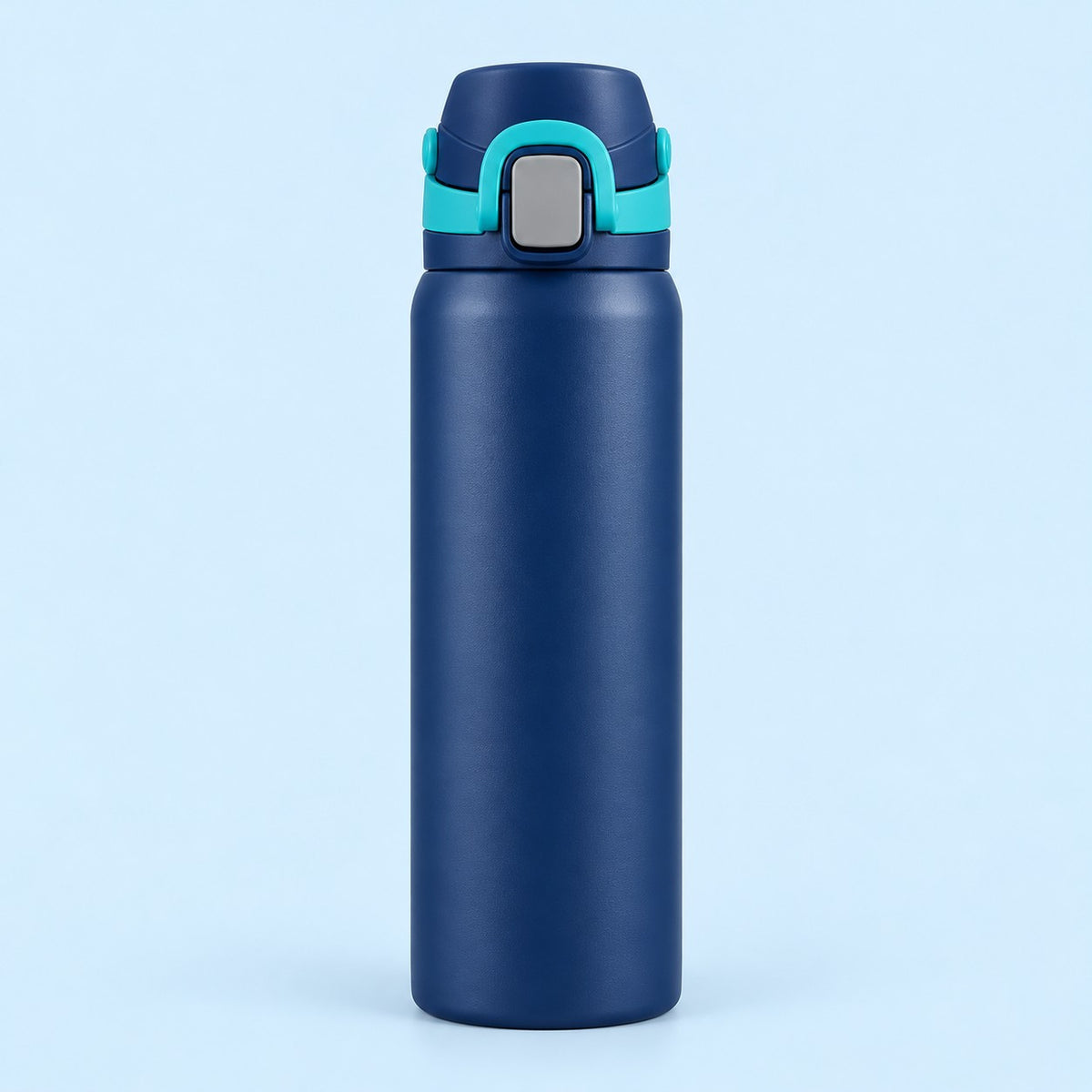 Blue 24 oz insulated straw bottle with turquoise accents against a pale blue background.