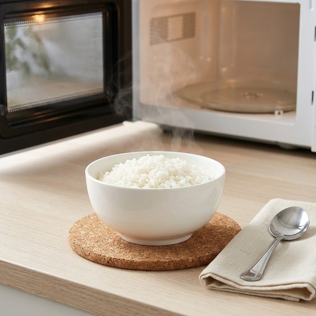 A white ceramic bowl filled with white rice sits on a round cork coaster on a light wood countertop, with a folded beige napkin and spoon beside it and a microwave in the background.