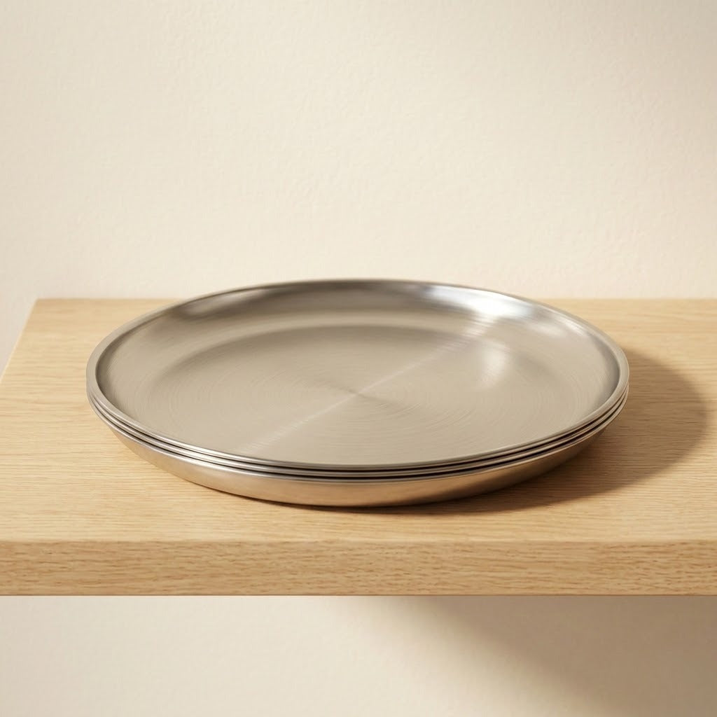 Three stacked round stainless steel plates with a brushed finish, resting on a light wood shelf against a beige wall.