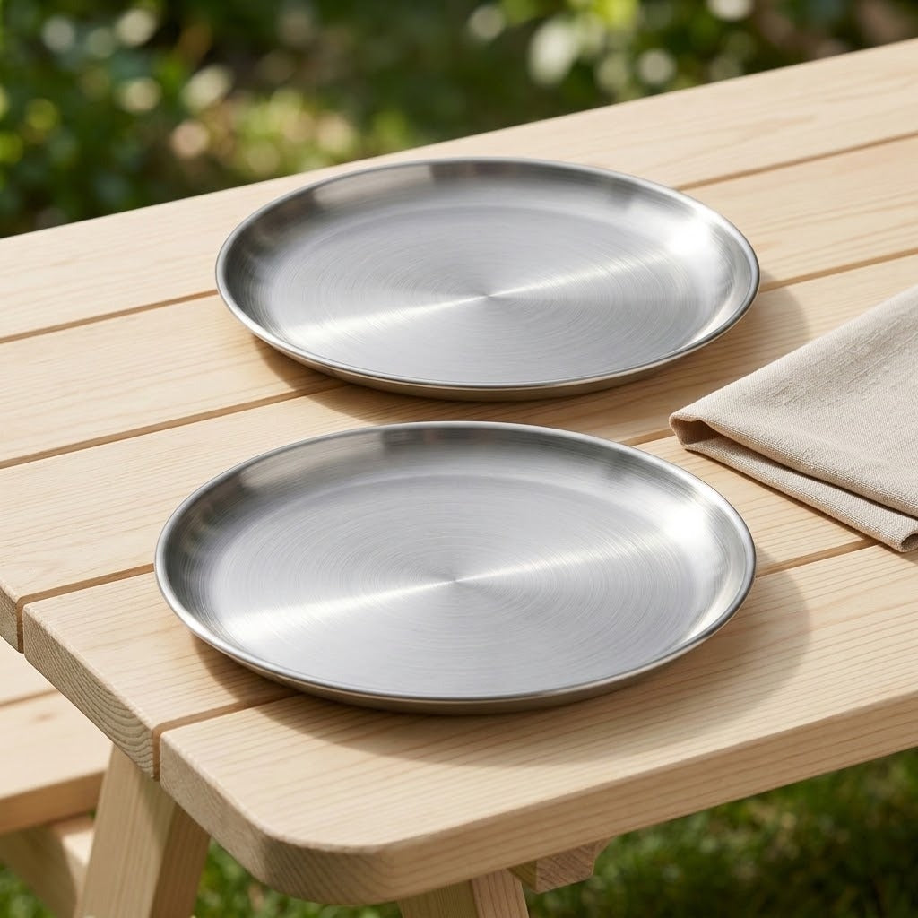 Two round brushed stainless steel plates on a light wood picnic table outdoors, with a folded beige napkin and blurred green foliage in the background.